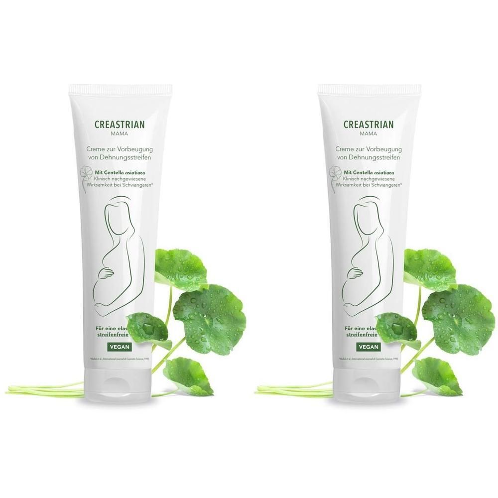 Zwei Tuben Creme mit Aufschrift CREASTRIAN. Aufdruck einer schwangeren Frau. Vegan-Siegel. Grüne Blätter.