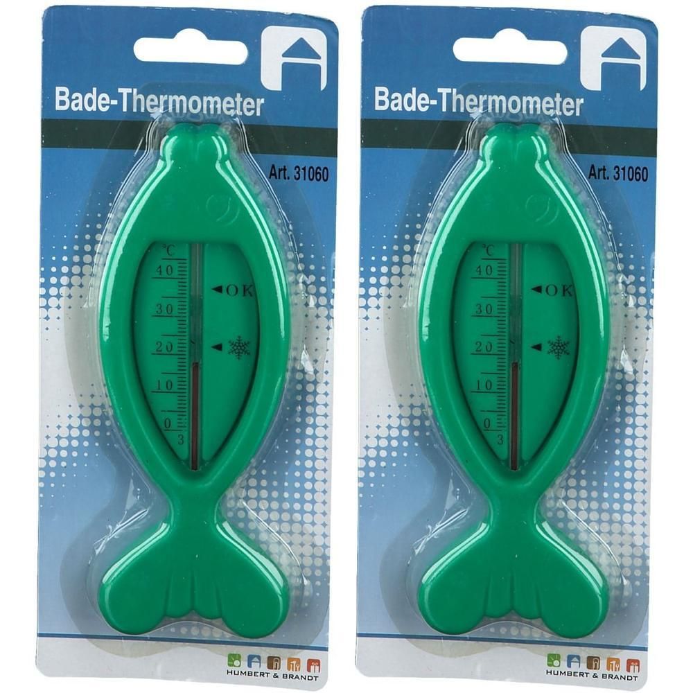 Grünes Bade-Thermometer in Fischform. Mit Temperaturanzeige und Verpackung. Aufschrift: Bade-Thermometer, Art. 31060.
