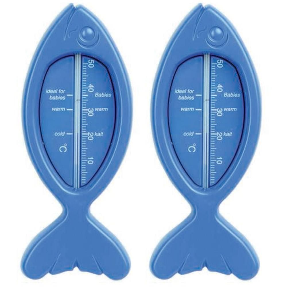 Zwei blaue Fisch-Badethermometer. Mit Skala in Celsius. Beschriftung: ideal für Babys, warm, kalt.
