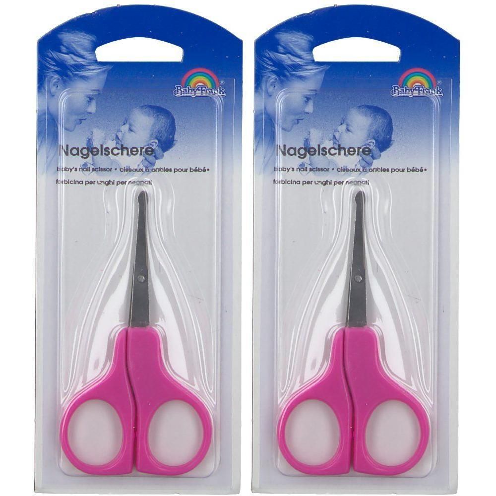 Zwei Baby-Nagelscheren, gebogen, rosa. In Blisterverpackung mit Aufhängung. Baby-Motiv auf der Verpackung.