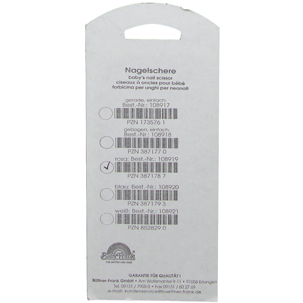 Rückseite der Verpackung mit Produktinformationen. Text: Nagelschere, verschiedene Farben. Barcodes und Qualitätsgarantie.