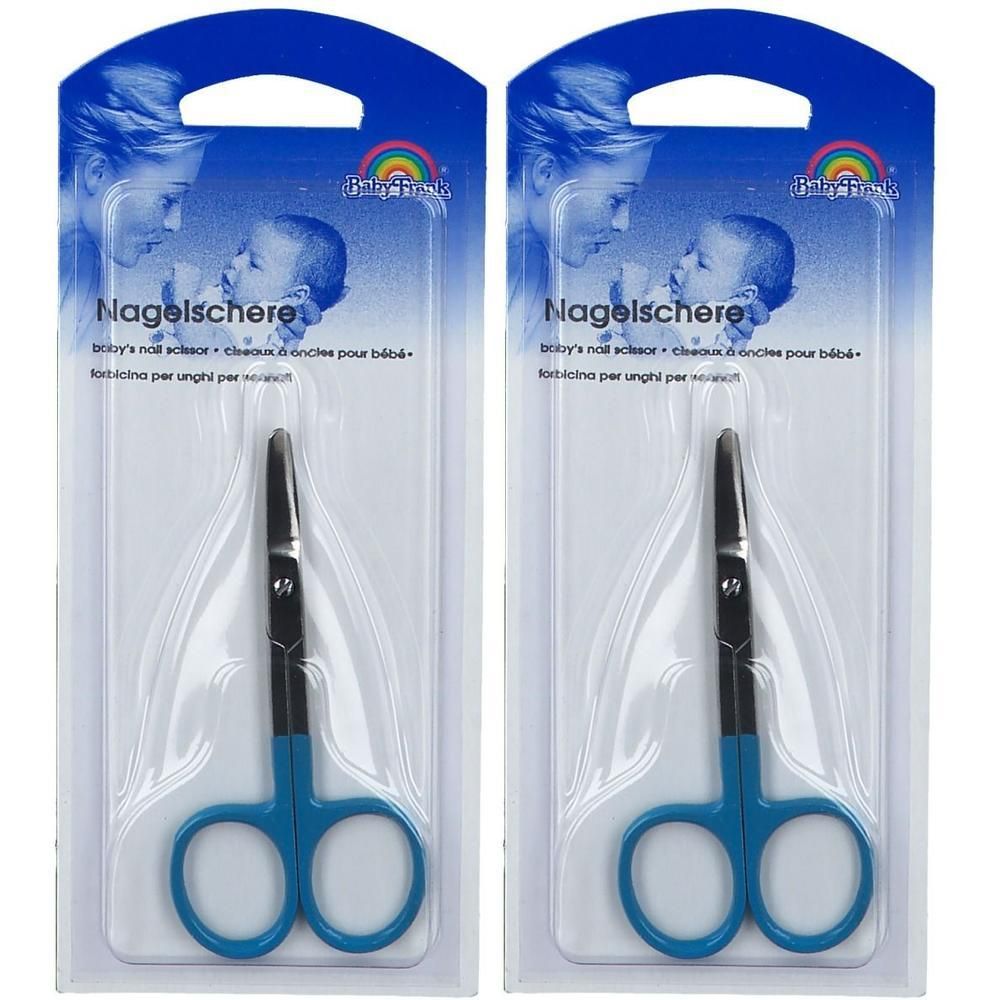 Zwei Baby-Nagelscheren in Blisterverpackung. Blaue Griffe, gebogene Klingen. Aufschrift: Nagelschere, Baby Friends.