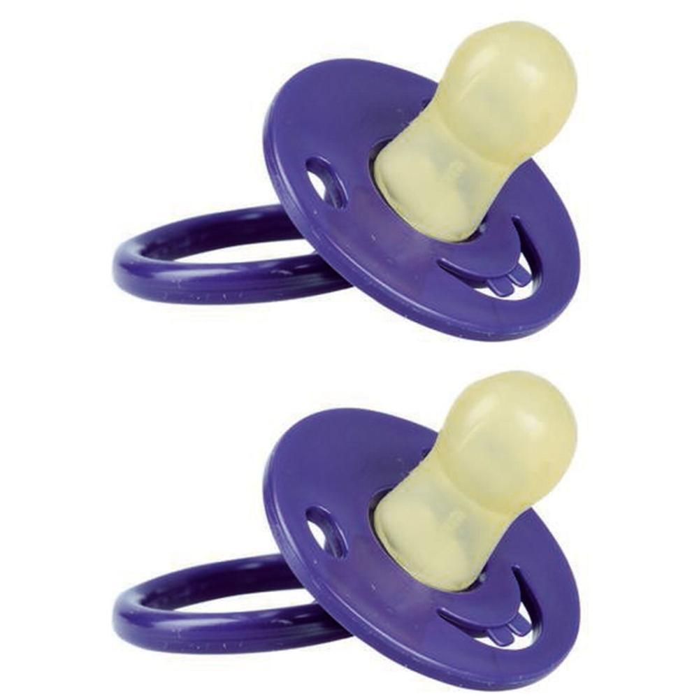 Zwei Schnuller mit lila Schild und Ring, gelbem Sauger. Kirschform. Für Babys im Alter von 2-6 Monaten.