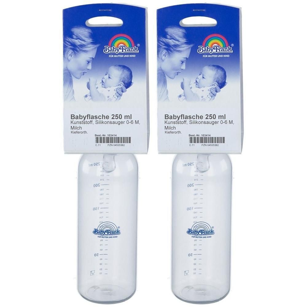 Zwei Babyflaschen mit Verpackung. Aufschrift: Babyflasche 250 ml, Silikonsauger 0-6 M. Marke: Baby Frank.