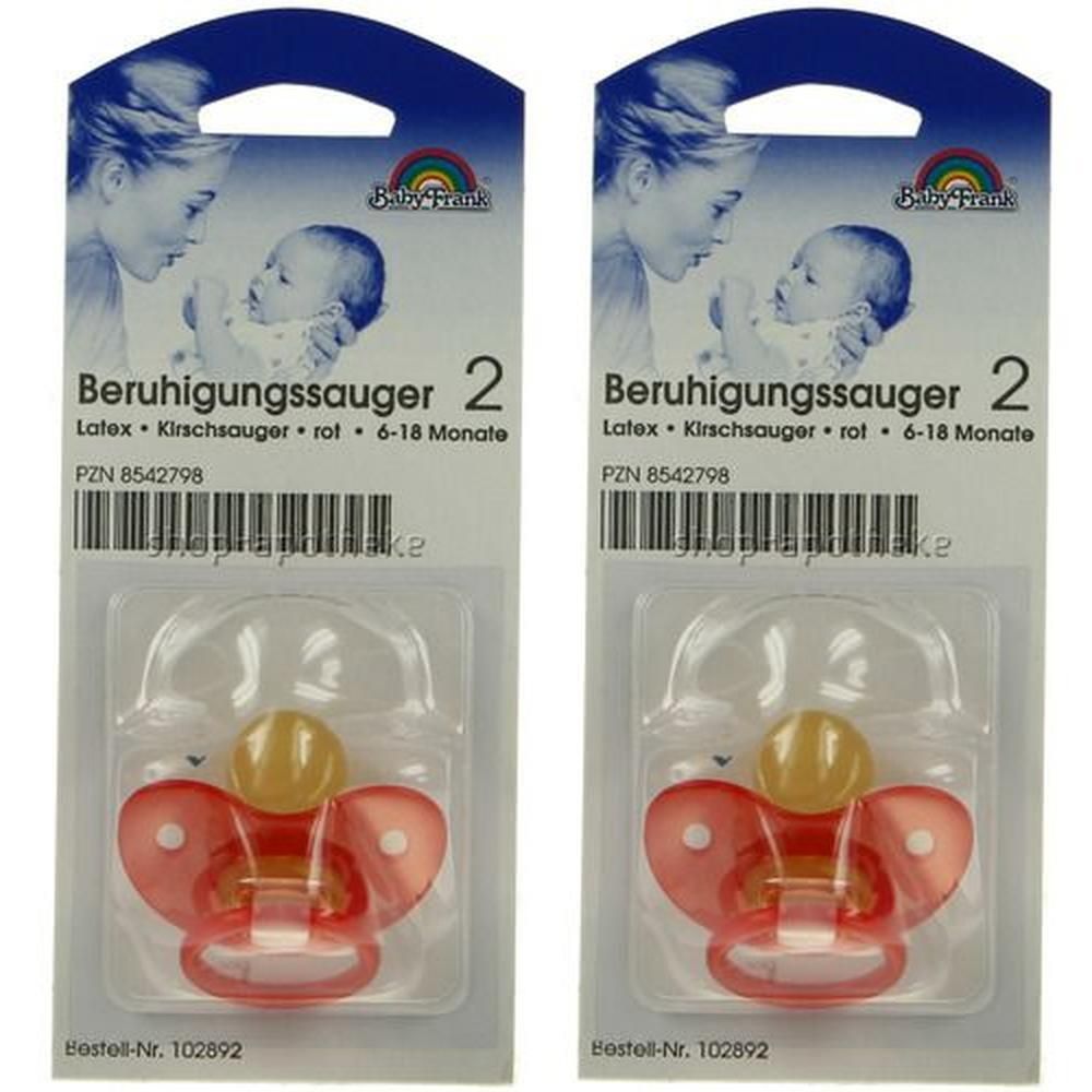 Zwei Schnuller in Verpackung. Kirschsauger, rot, Latex, 6-18 Monate. Marke Baby Frank. Verpackung mit Baby-Motiv und Produktinformationen.