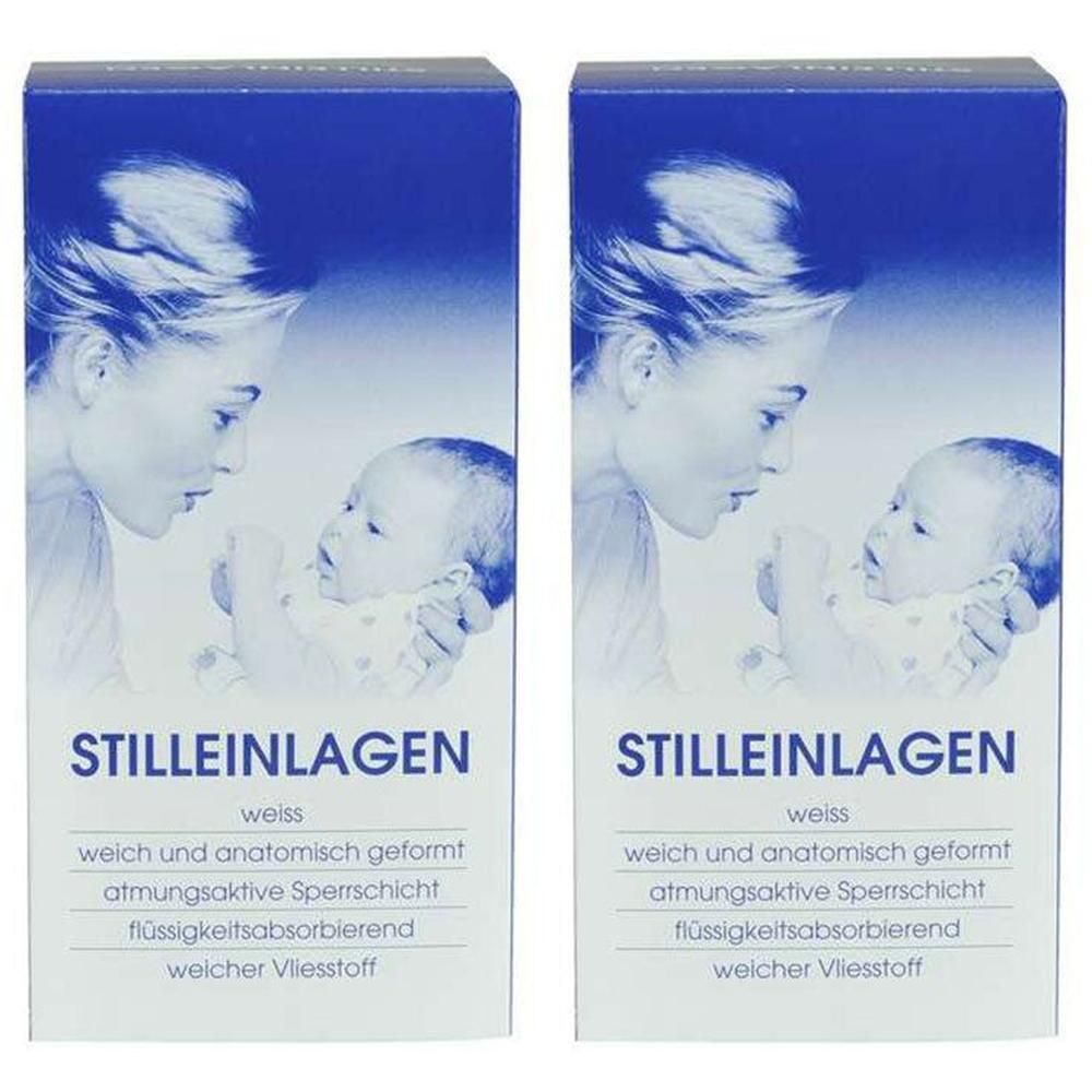 Zwei rechteckige Verpackungen. Aufdruck: STILLEINLAGEN, Frau mit Baby. Text: weich und anatomisch geformt, atmungsaktive Sperrschicht.