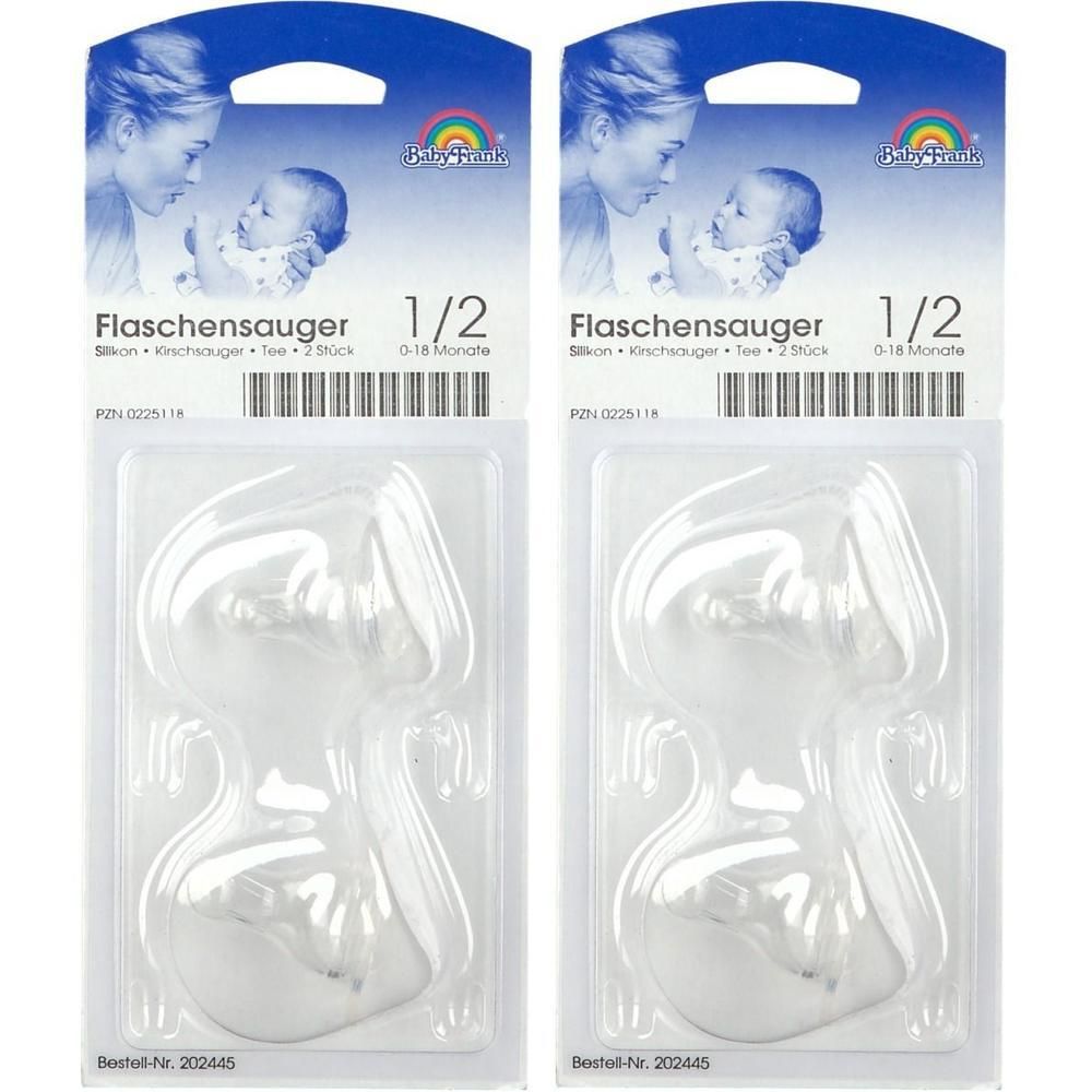 Zwei Flaschensauger in Blisterverpackung. Marke Baby Frank. Aufschrift: 1/2, 0-18 Monate.