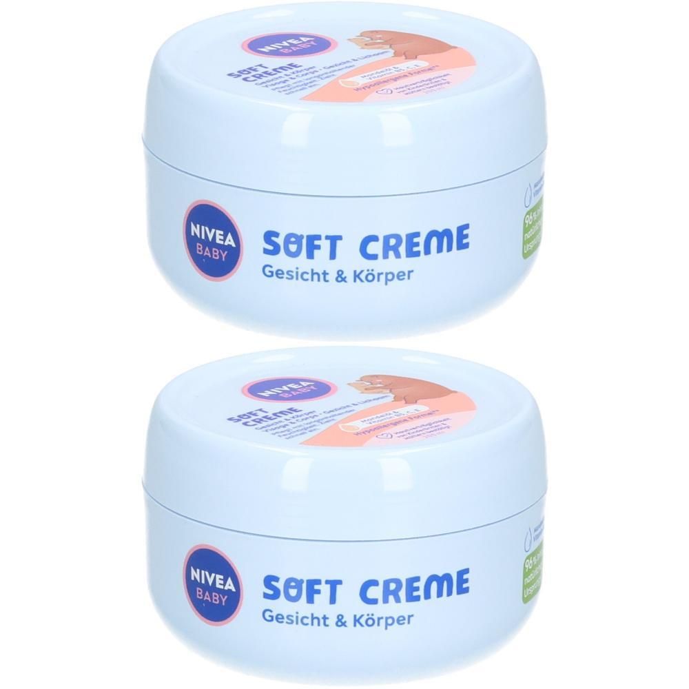 Zwei runde, hellblaue Tiegel. Aufschrift: NIVEA BABY Soft Creme Gesicht & Körper. Deckel mit Abbildung.