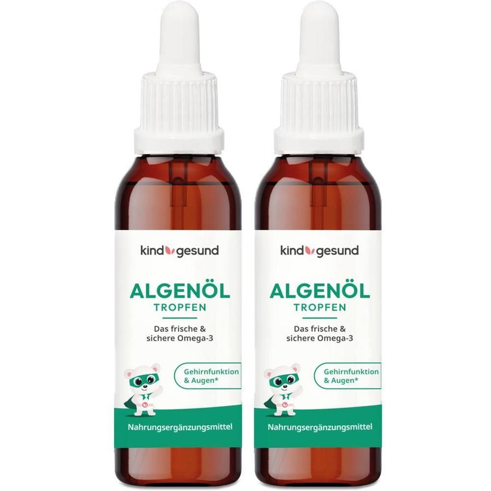 Zwei Flaschen mit Tropfen. Aufschrift: kindgesund, Algenöl Tropfen. Mit Omega-3. Mit Pipette.