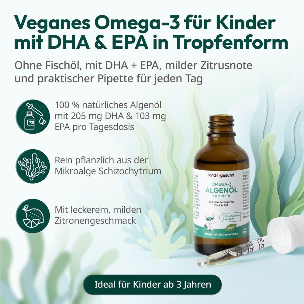 Flasche mit Tropfen und Pipette. Text: Veganes Omega-3 für Kinder. Mit DHA & EPA. Ohne Fischöl.