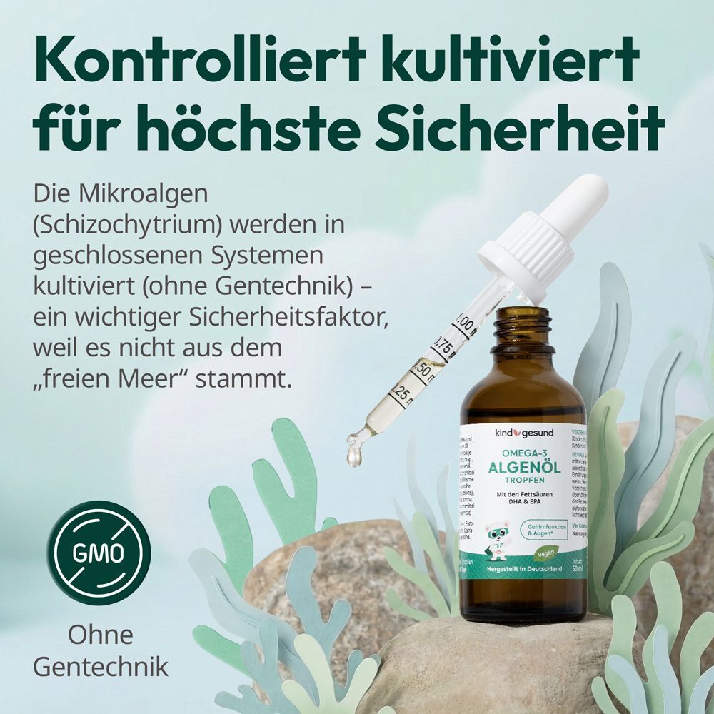 Flasche mit Tropfen und Pipette. Text: Kontrolliert kultiviert. Ohne Gentechnik. GMO-Siegel.