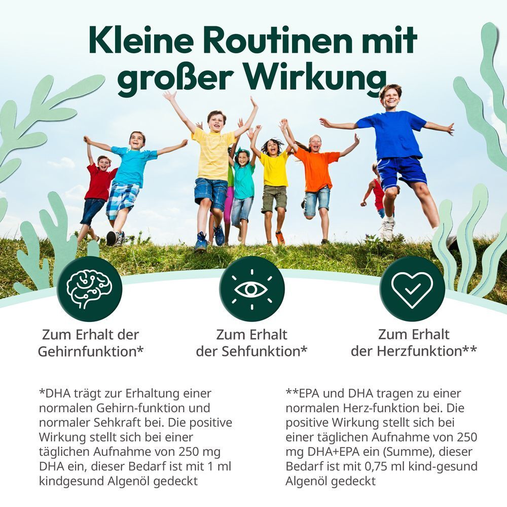 Grafik mit Kindern. Text: Kleine Routinen mit großer Wirkung. Für Gehirn-, Seh- und Herzfunktion.