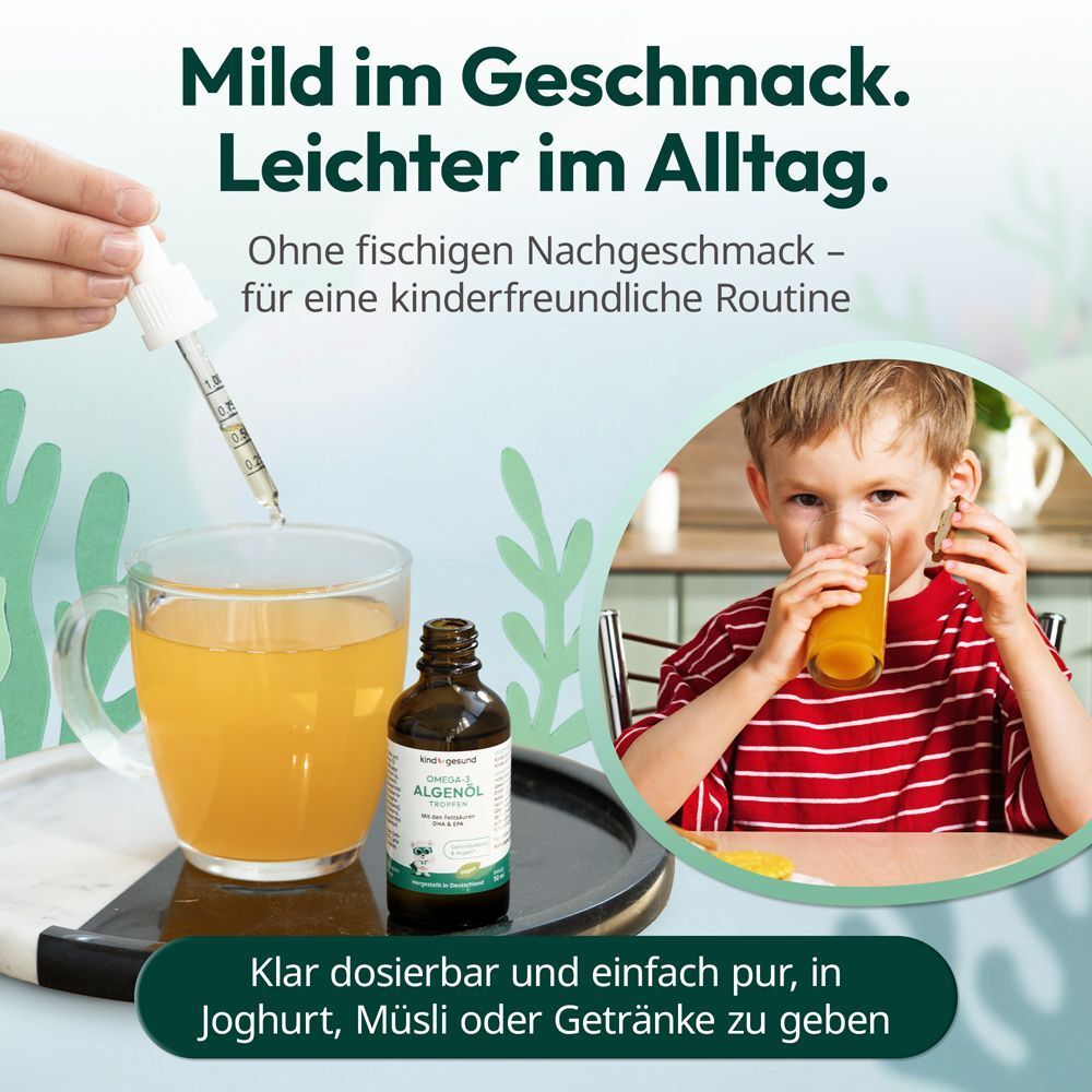 Flasche mit Tropfen und Glas. Kind trinkt. Text: Mild im Geschmack. Klar dosierbar.
