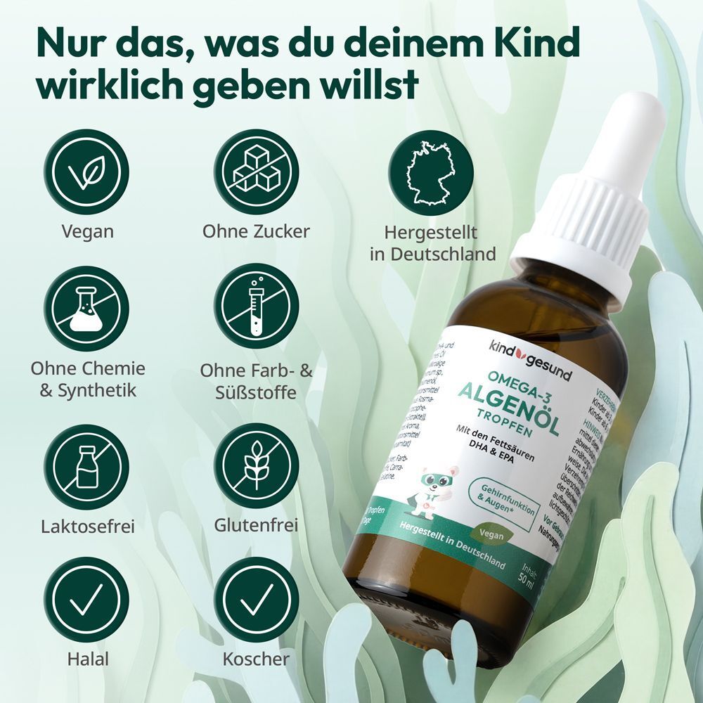 Flasche mit Tropfen. Text: Vegan, ohne Zucker, ohne Chemie, ohne Farb- & Süßstoffe, laktosefrei, glutenfrei, halal, koscher.