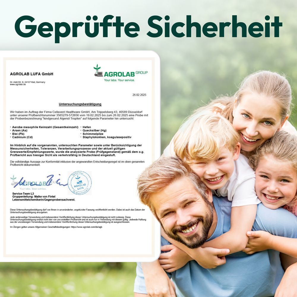 Zertifikat. Text: Geprüfte Sicherheit. Unterschrift. Familie mit Kindern.
