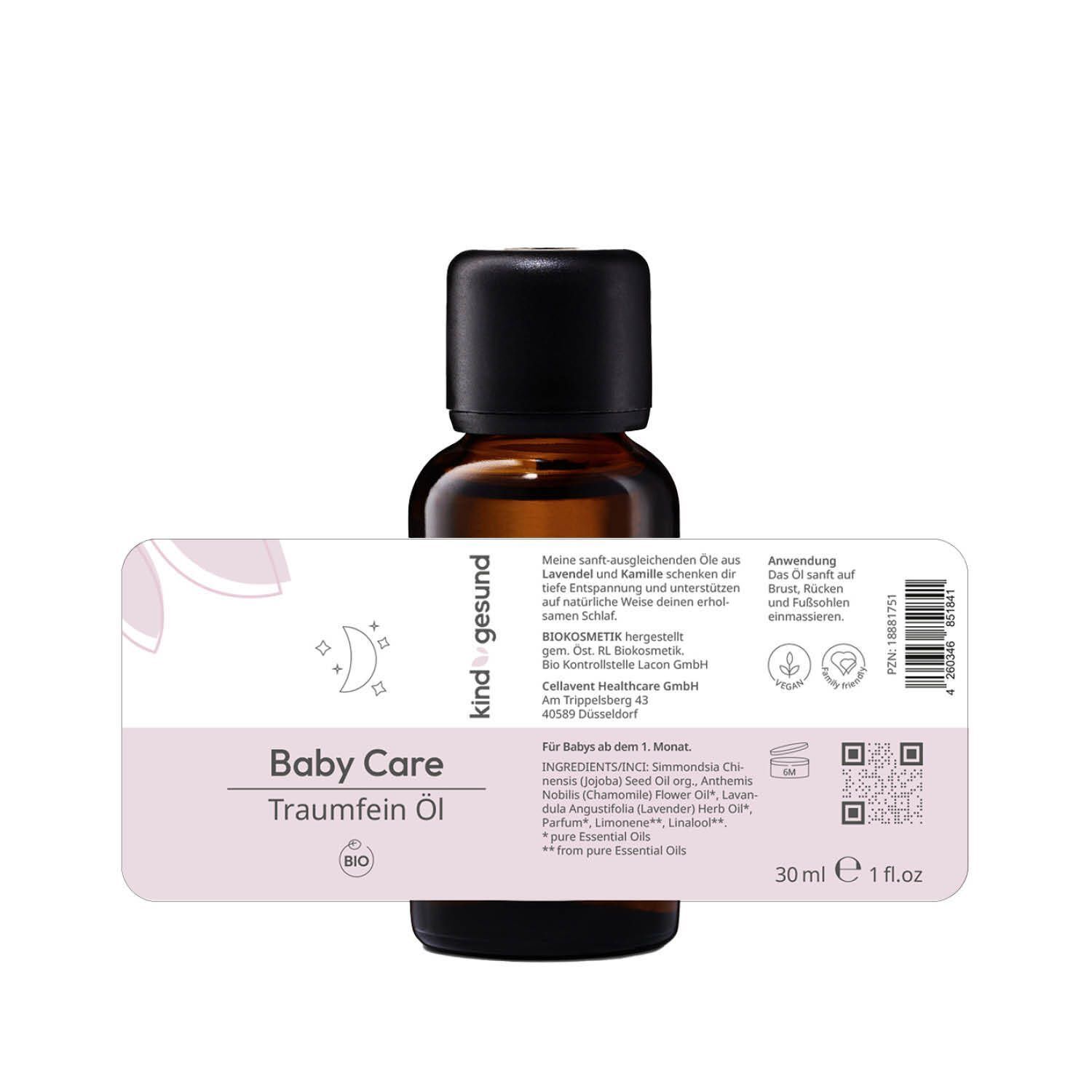 Braune Glasflasche mit schwarzem Deckel und Etikett. Auf dem Etikett steht "Baby Care Träumfein Öl", Bio-Siegel und Text.