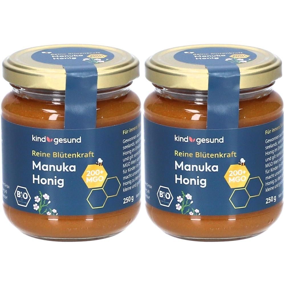 Zwei Gläser Bio Manuka Honig von kindgesund, 250g pro Glas, mit 200+ MGO Siegel.