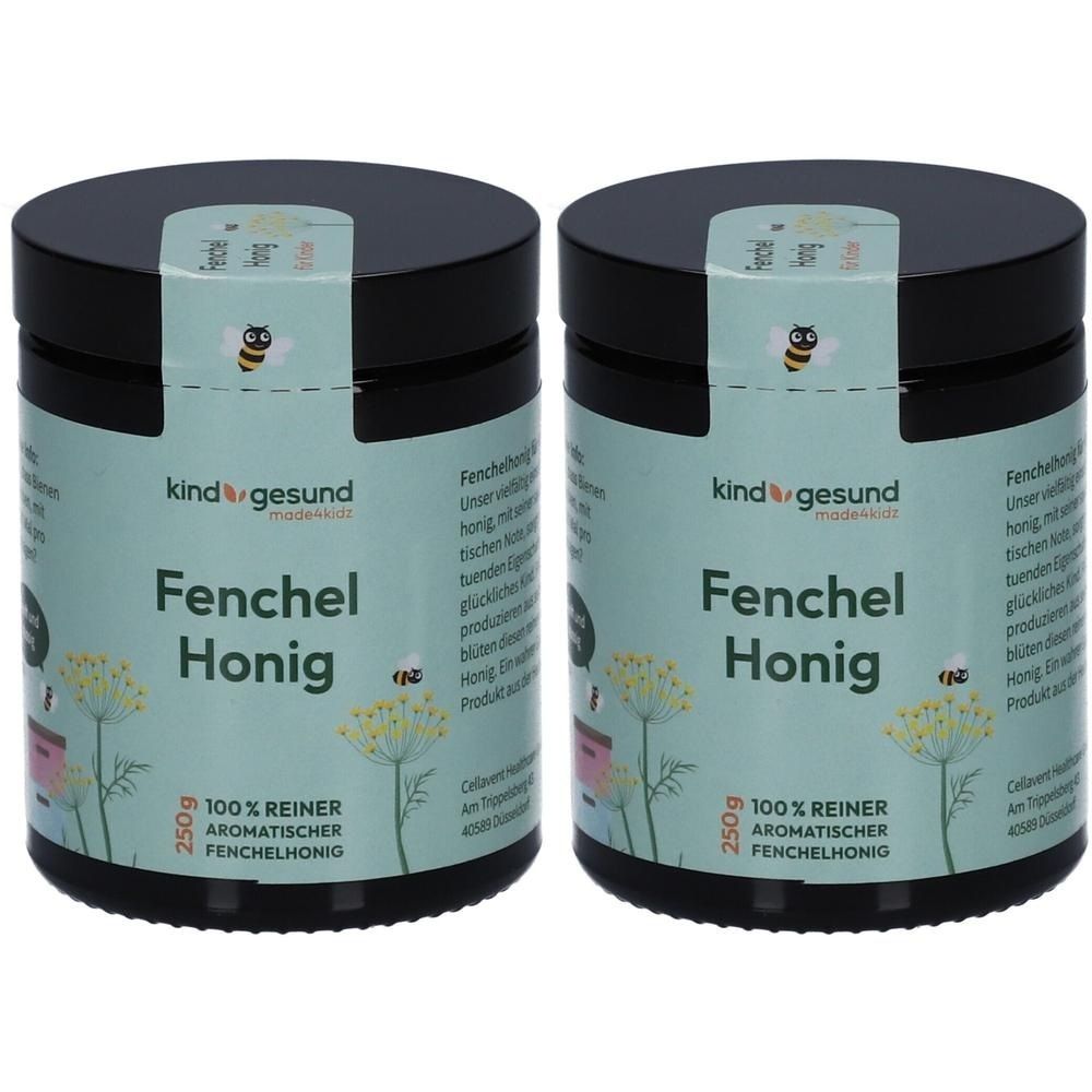 Zwei Gläser Fenchelhonig von kindgesund, jeweils 250g. Mit Bienen- und Fenchelmotiv.