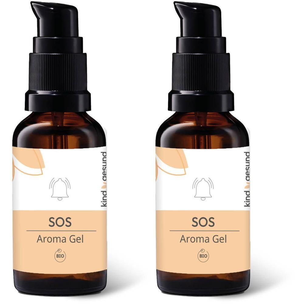 Zwei braune Glasflaschen mit schwarzem Pumpverschluss. Aufkleber mit "SOS Aroma Gel" und "BIO".