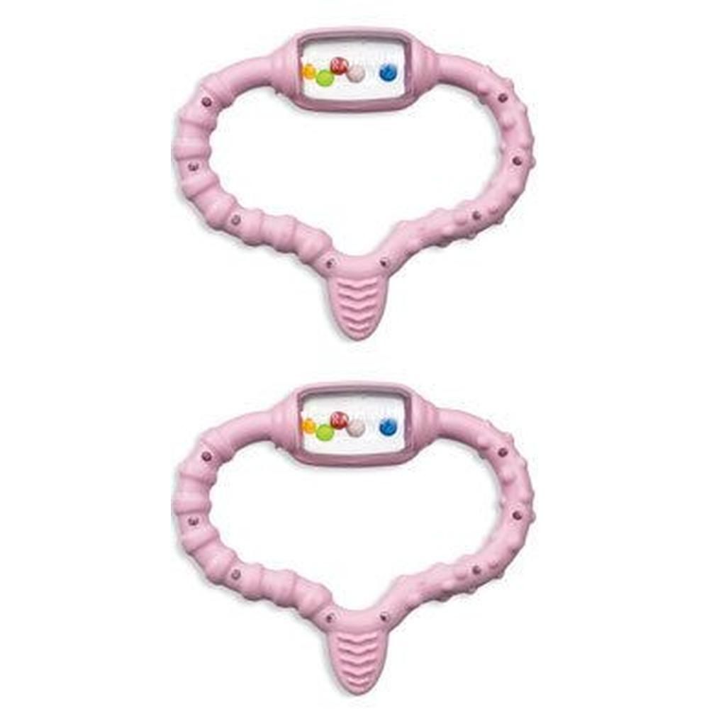 Zwei rosa Beißringe. Jeder hat eine ovale Form mit einer transparenten Kammer mit bunten Kugeln. Die Griffe sind geriffelt.