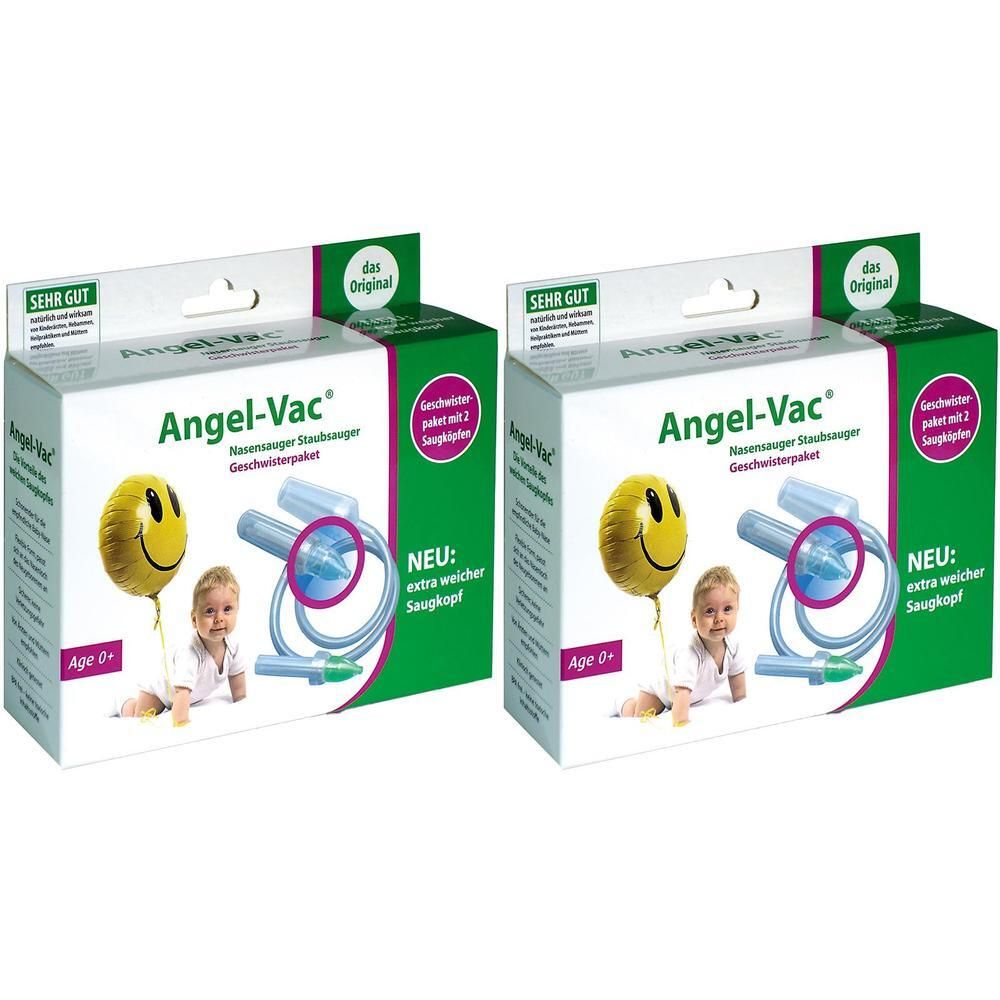 Zwei Packungen Angel-Vac® Nasensauger Geschwister Paket. Aufdrucke: „SEHR GUT“, „das Original“, Baby, Smiley-Ballon, Alter 0+.