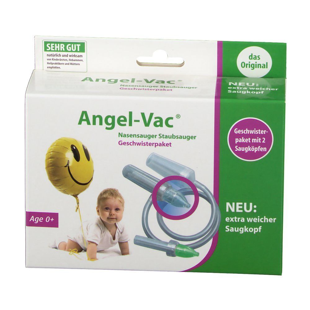 Verpackung Angel-Vac® Nasensauger Geschwister Paket. Baby, Smiley-Ballon, Nasensauger, Aufdrucke: „SEHR GUT“, „das Original“, Alter 0+.
