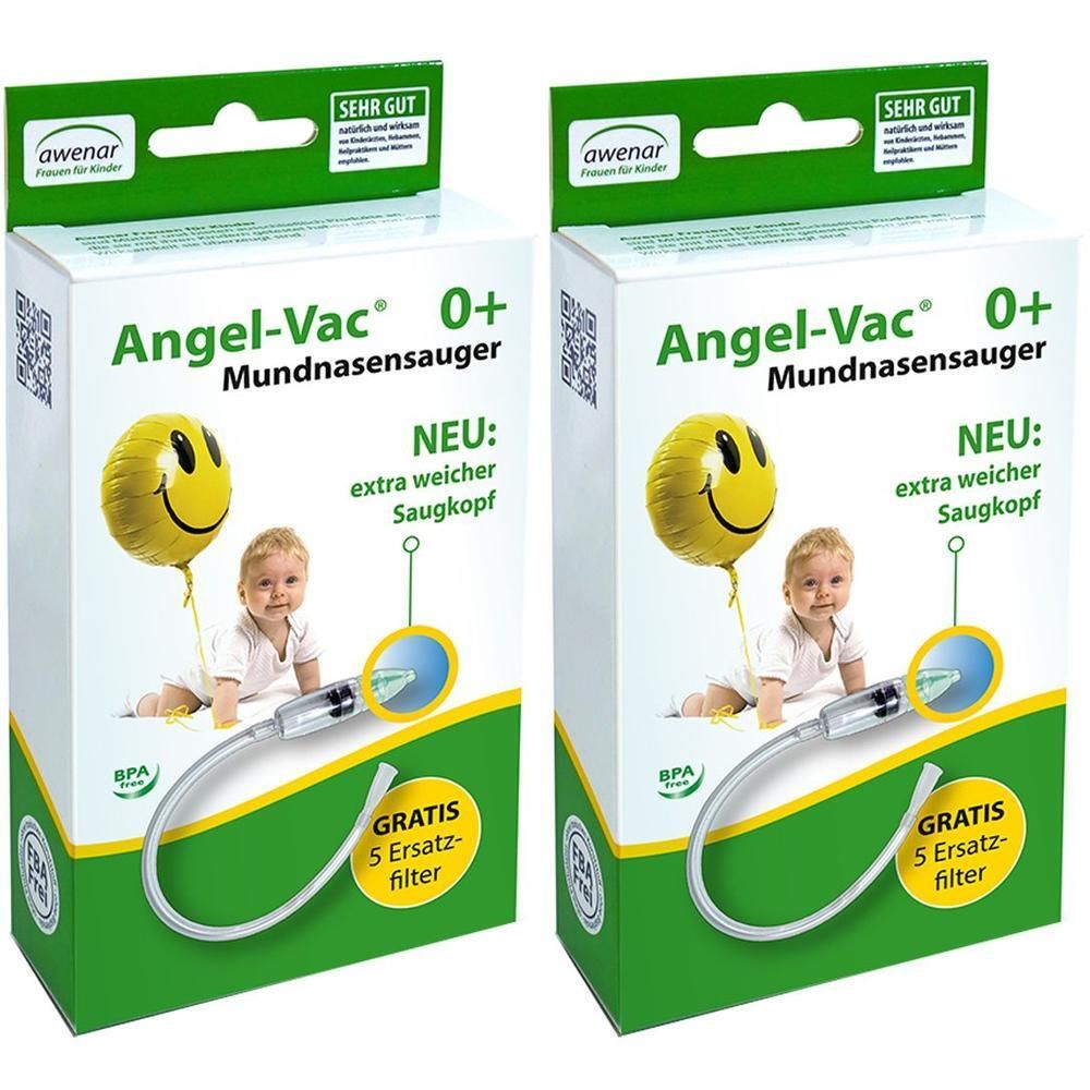 Zwei Verpackungen des Angel-Vac® Mundnasensaugers. Aufdruck: Baby, Ballon, Produktname, "NEU: extra weicher Saukopf", "GRATIS 5 Ersatzfilter".