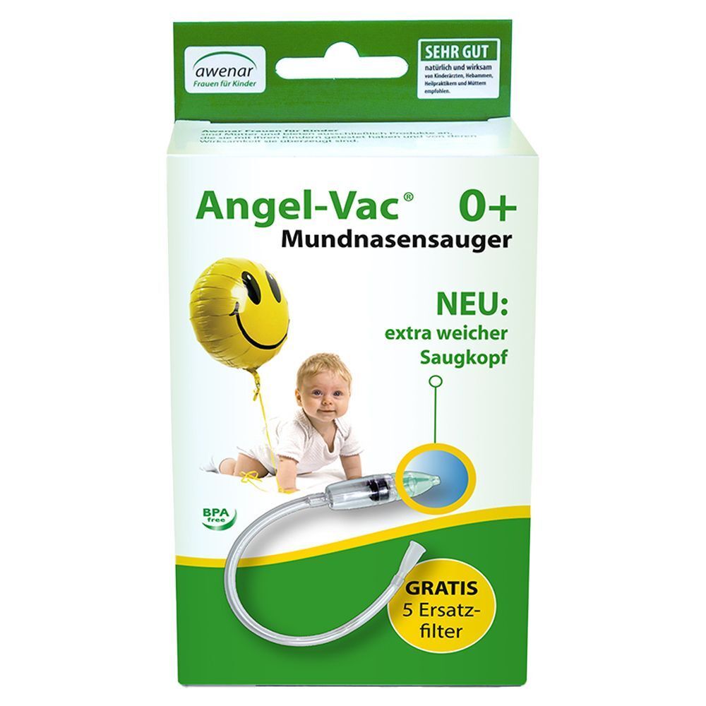 Verpackung des Angel-Vac® Mundnasensaugers. Aufdruck: Baby, Ballon, Produktname, "NEU: extra weicher Saukopf", "GRATIS 5 Ersatzfilter".
