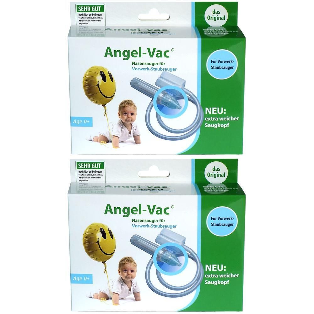 Zwei Packungen Angel-Vac® für Vorwerk Staubsauger. Jede Packung zeigt Produkt, Baby, Ballon. Text: "SEHR GUT", "NEU: extra weicher Saugkopf".