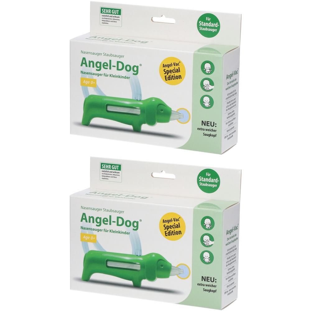 Zwei Verpackungen mit einem Nasensauger in Hundeform. Der Sauger ist grün, mit weißem Aufsatz. Aufschrift: Angel-Dog, Special Edition.