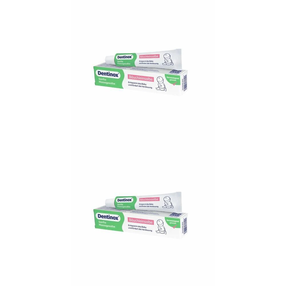 Zwei Tuben und Schachteln. Aufschrift: Dentinox Bäuchlein-Salbe. Grün-weiße Verpackung. Baby-Illustration.