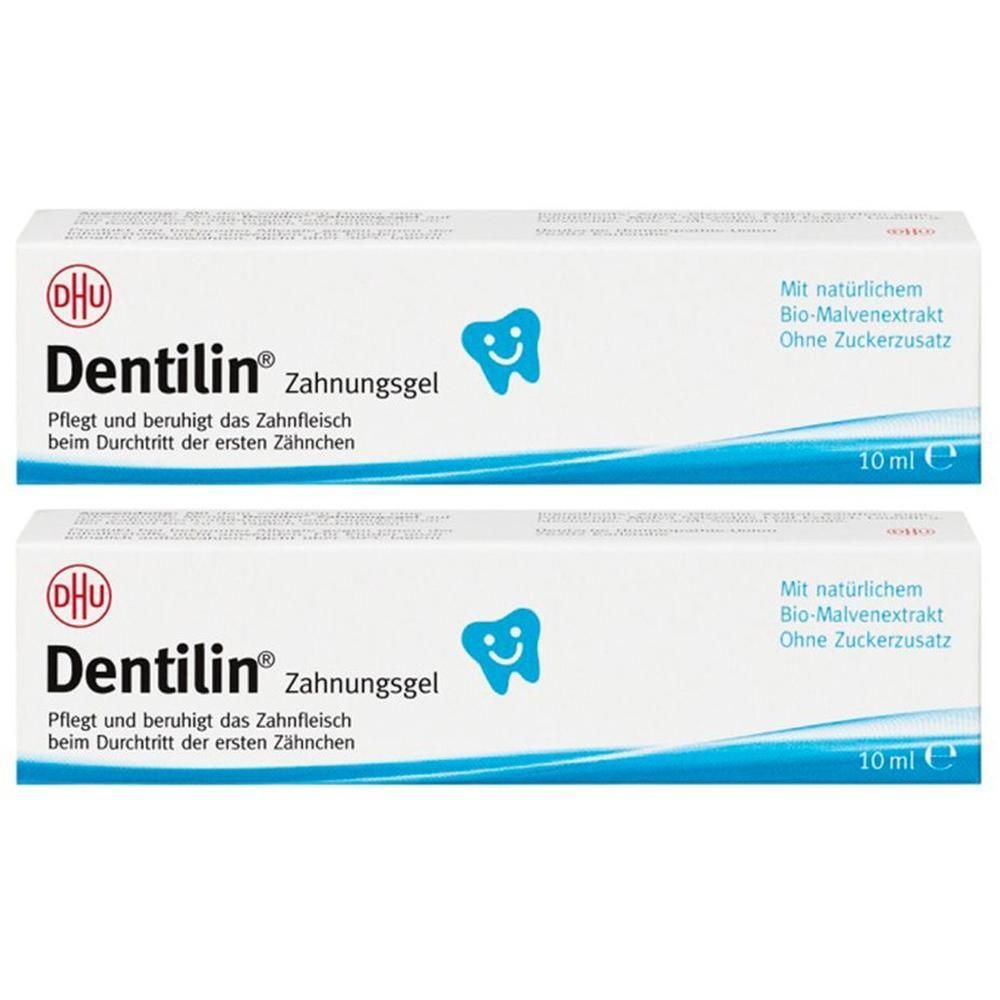 Zwei weiße Kartons mit Produktaufdruck. Aufschrift: Dentilin Zahnungsgel. Enthält Bio-Malvenextrakt. 10 ml.