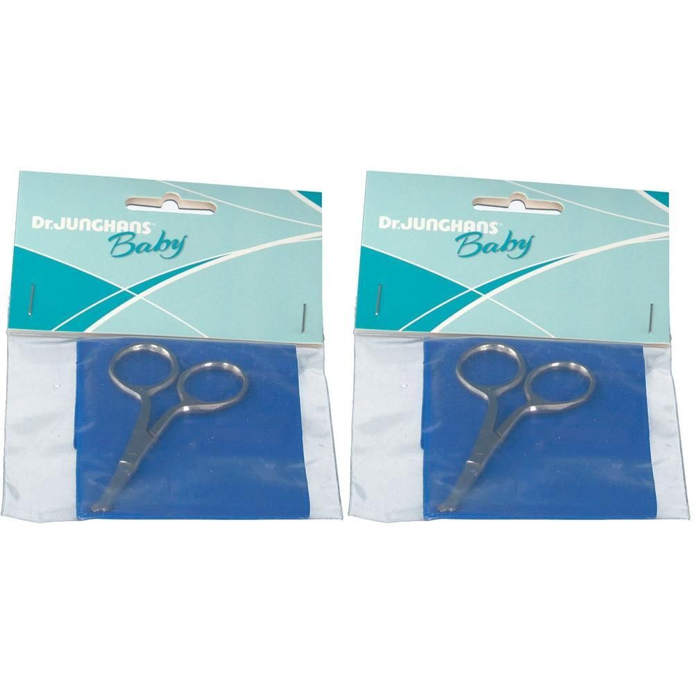 Zwei Baby-Nagelscheren, gebogen, in Verpackung. Marke: Dr. Junghans Baby. Scheren aus Metall, verpackt in Plastikbeutel mit blauem Hintergrund.