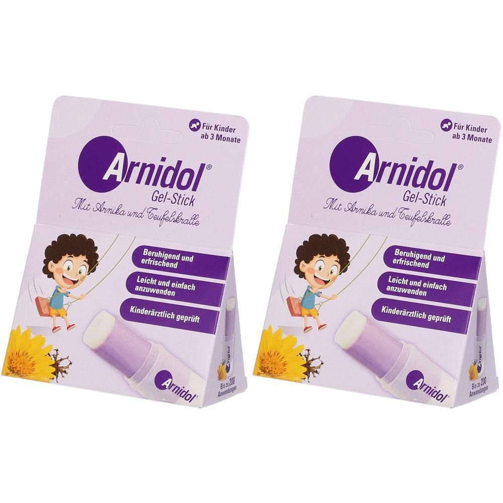 Zwei Packungen Arnidol Gel-Stick. Jede Packung zeigt ein Kind auf einer Schaukel, Produktname und Text. Lila und weiße Stifte sind sichtbar.