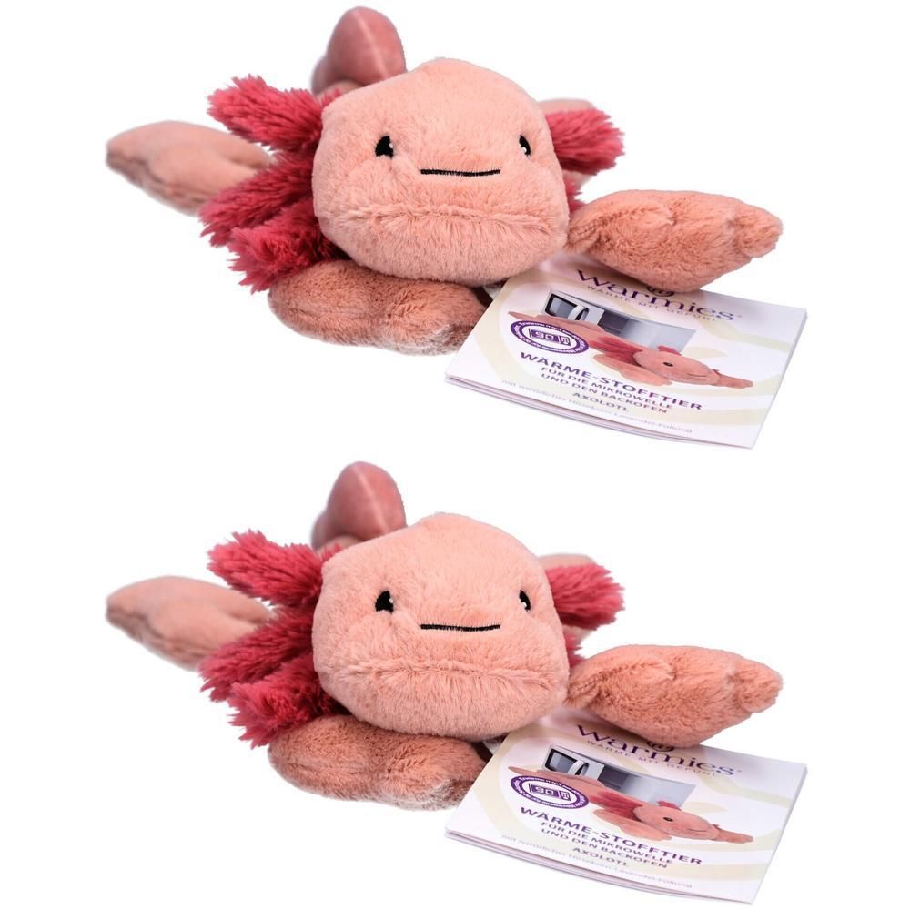 Zwei rosa Axolotl-Plüschtiere mit roten Kiemen. Mit Etikett "WARMIES® Wärmestofftier".