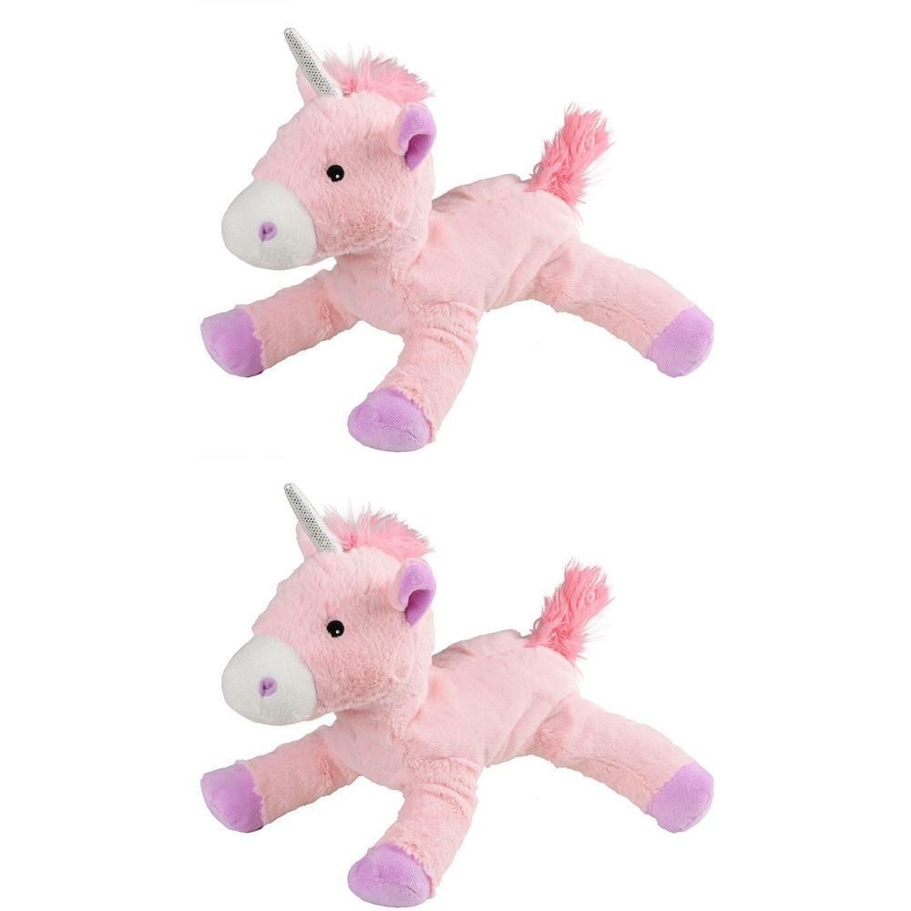 Zwei rosa Einhorn-Plüschtiere mit silbernen Hörnern, lila Hufen und Ohren. Liegende Position.