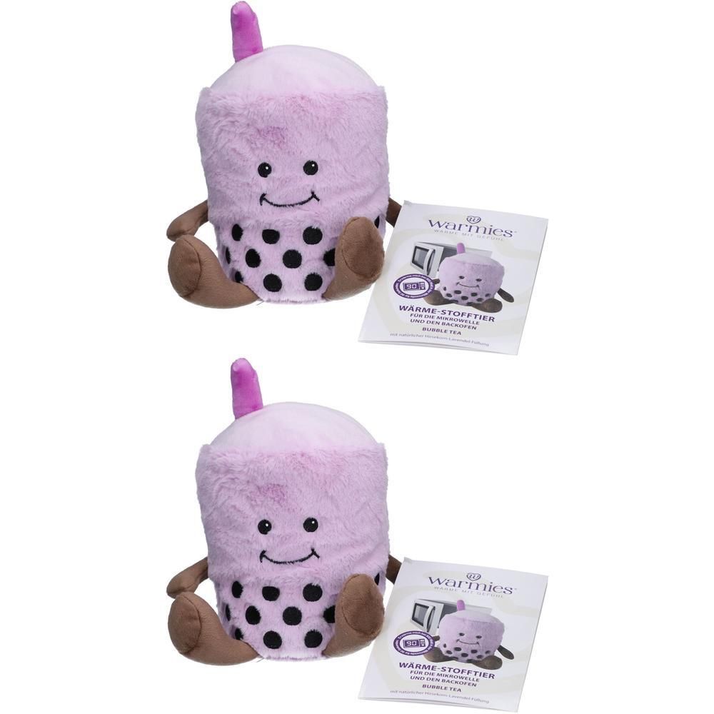 Zwei rosa Wärmestofftiere in Bubble Tea Form. Mit schwarzen Punkten, braunen Füßen und Armen. Mit "Warmies" Etikett.