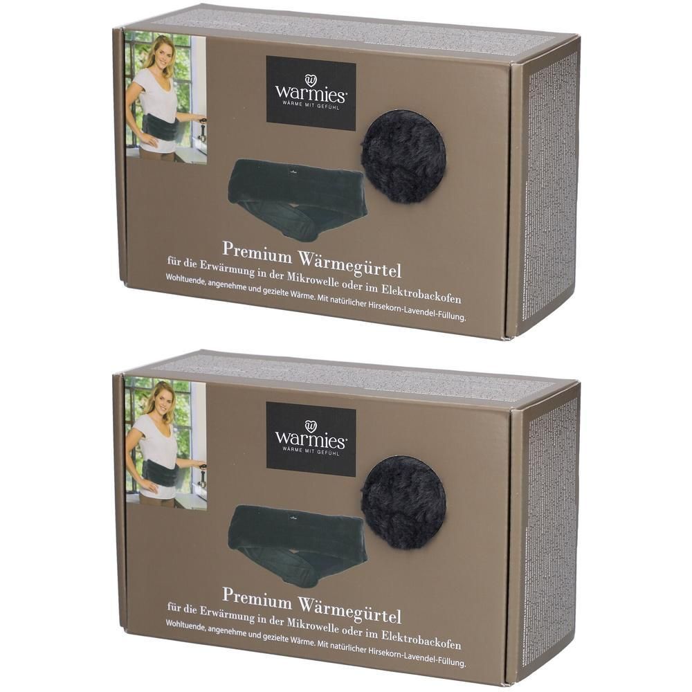 Zwei Produktverpackungen. Auf jeder Verpackung ist ein schwarzer Wärmegürtel abgebildet. Der Markenname ist "warmies".