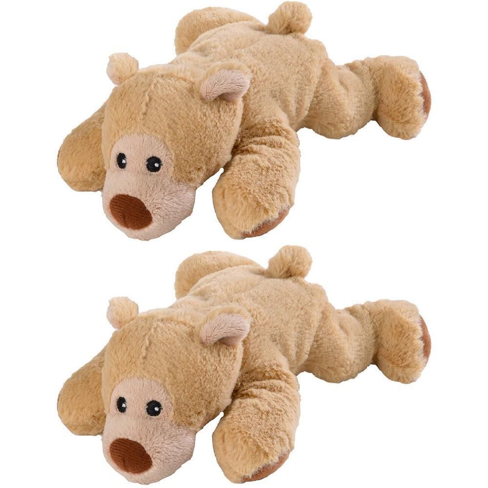 Zwei liegende, beige Teddybären mit schwarzen Augen und braunen Nasen. Ohren und Pfoten sind ebenfalls braun.