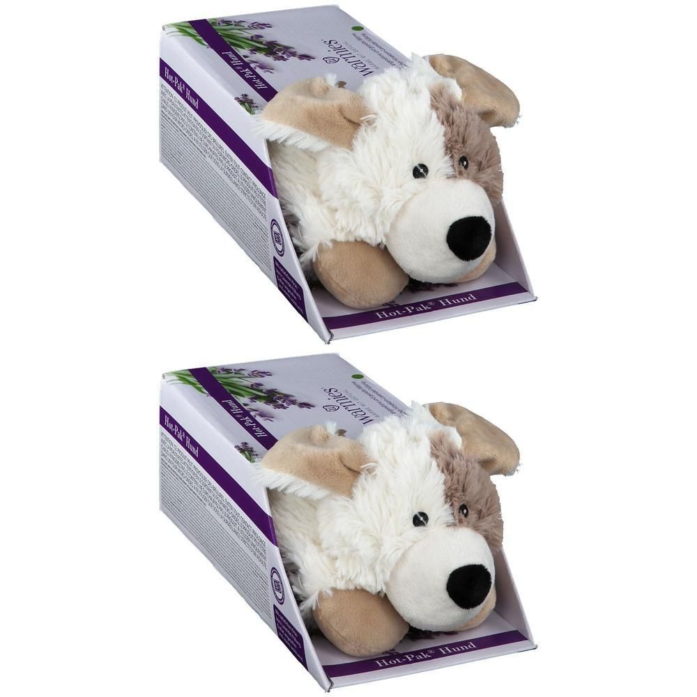 Zwei Warmies Hot Pak Hund in Verpackung. Plüschtier in Hundeform, weiß-braun. Verpackung mit Lavendel-Motiv und Produktnamen.