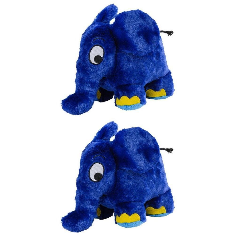 Zwei blaue Stoffelefanten mit gelben Füßen. Große Augen und Rüssel. Schwarzer Faden am Hinterteil.