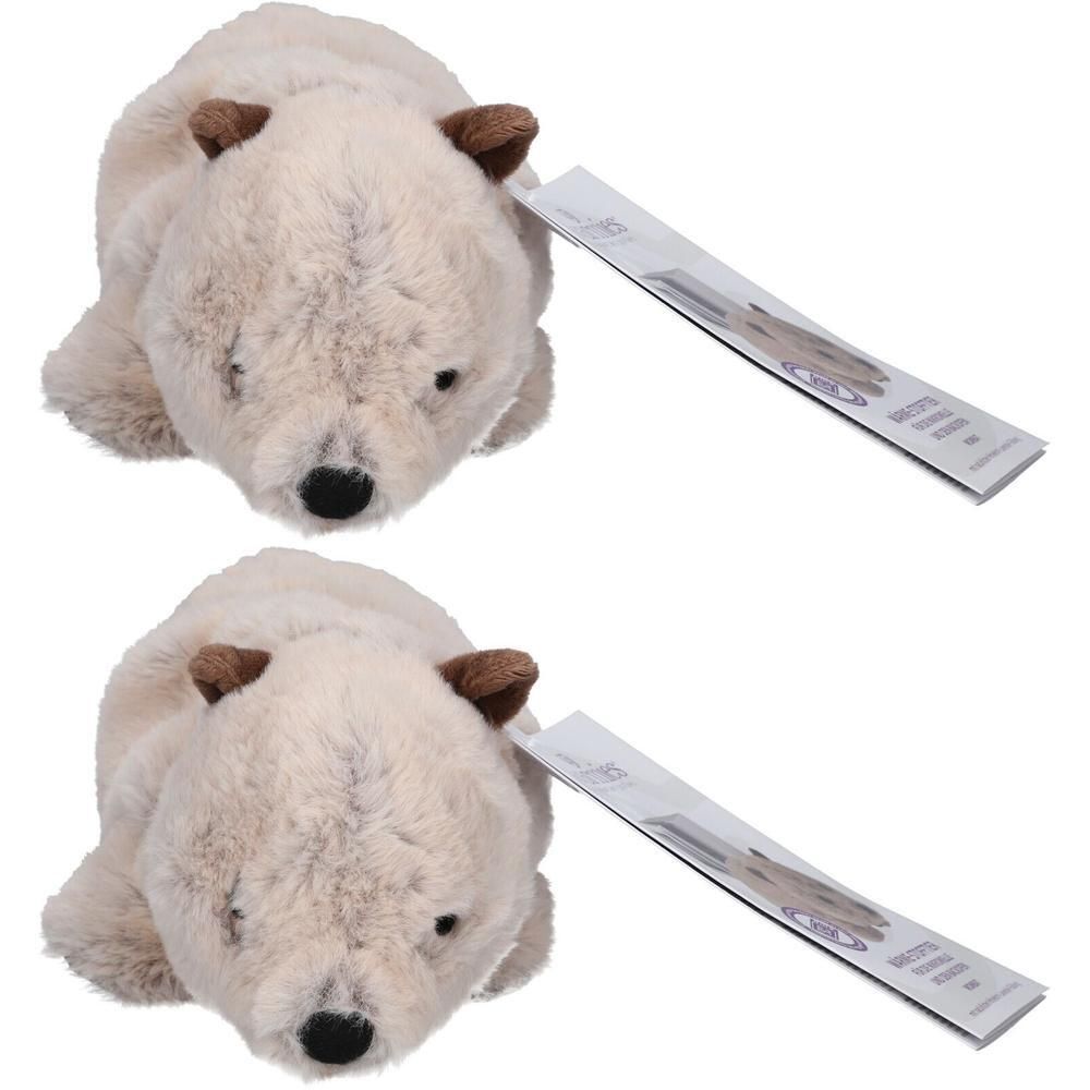 Weißer Eisbär-Plüschtier mit braunen Ohren und Nase, mit Etikett.