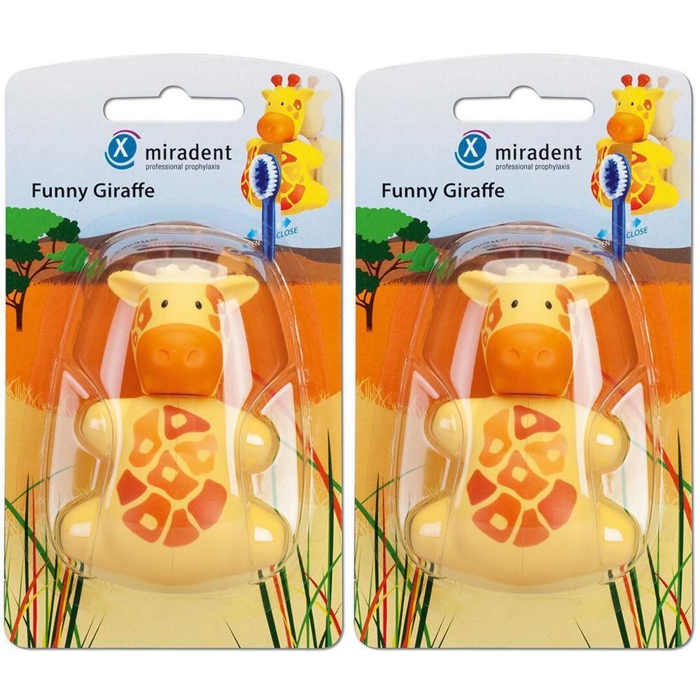 Zwei Packungen MIRADENT Funny Snapper Giraffe. Gelbes Giraffen-Design, orangefarbene Flecken. Produktverpackung mit Zahnbürste.