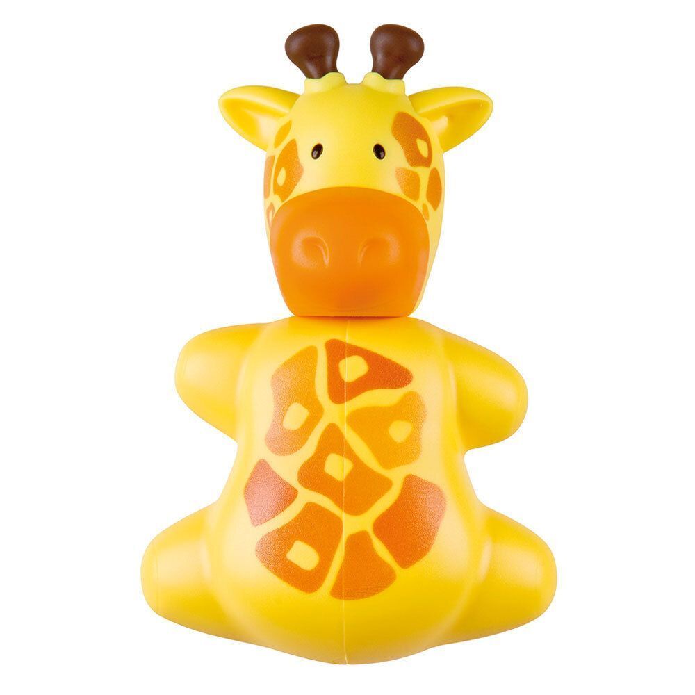 Gelbe Giraffe, orangefarbene Flecken. Kopf und Körper getrennt. Ohren und Augen sichtbar. Aufrecht stehend.