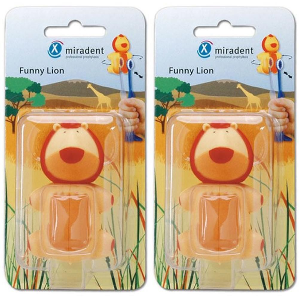Zwei Packungen mit einem Löwen-Zahnputzspielzeug. Jede Packung zeigt einen Löwenkopf und -körper in einer Blisterverpackung.