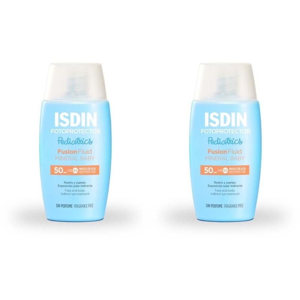Zwei blaue Flaschen mit weißem Deckel. Aufschrift: ISDIN Fotoprotector Pediatrics Fusion Fluid Mineral Baby LSF 50.