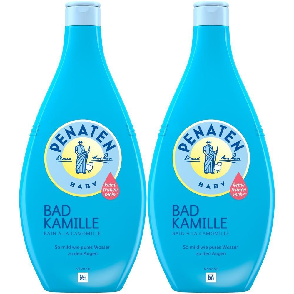 Zwei blaue Flaschen PENATEN BAD KAMILLE. Aufschrift: BABY, Bad Kamille, BAIN À LA CAMOMILLE. Logo mit Mann und Schaf. Keine Tränen mehr.