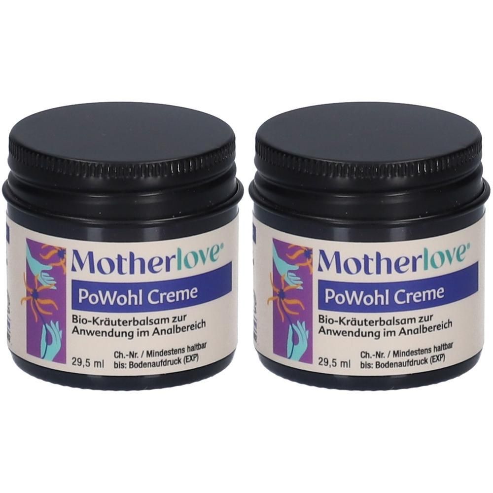Zwei kleine, schwarze Tiegel mit dem Produktnamen Motherlove PoWohl Creme. Auf den Etiketten sind Produktinformationen und ein Logo abgebildet.