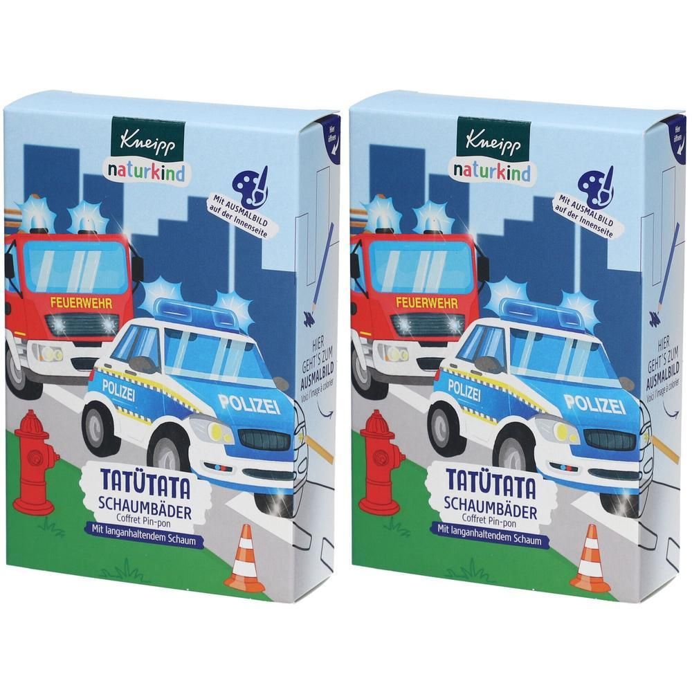 Zwei Geschenkboxen mit Feuerwehr- und Polizeiautos. Aufschrift: TATÜTATA SCHAUMBÄDER. Marke: Kneipp naturkind.