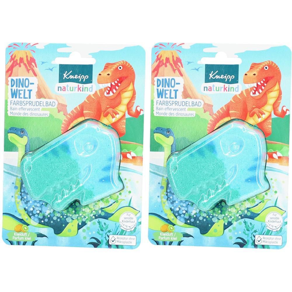 Zwei Packungen Farbsprudelbad. Jede Packung zeigt ein grünes Dinosaurier-Badetablette in einer transparenten Verpackung mit Dino-Welt-Motiv.
